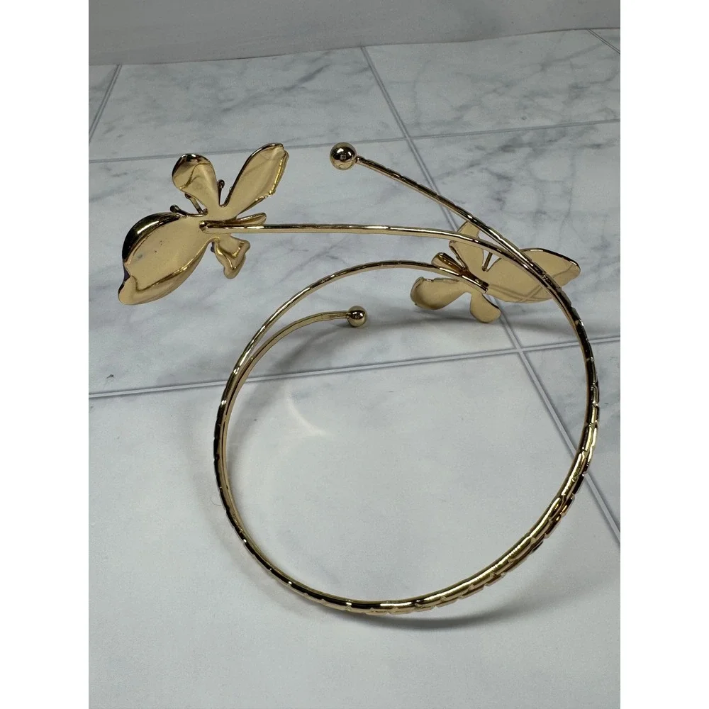 Purple Enamel Floral Double-Ended Gold Tone Arm Cuff Bangle For Women New